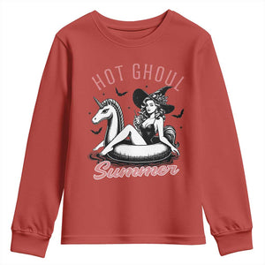 Hot Ghoul Summer Youth Sweatshirt Retro Pin Up Witch Summerween Summer Beach Halloween Vibes TS02 Red Print Your Wear