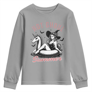 Hot Ghoul Summer Youth Sweatshirt Retro Pin Up Witch Summerween Summer Beach Halloween Vibes TS02 Sport Gray Print Your Wear