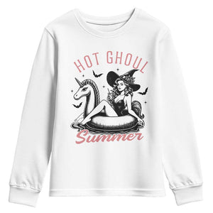 Hot Ghoul Summer Youth Sweatshirt Retro Pin Up Witch Summerween Summer Beach Halloween Vibes TS02 White Print Your Wear