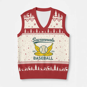 Retro Savannah Baseball Est. 2016 V-Neck Knit Sweater Vest Funny Banana and Ball Vintage Sports TS02 Beige Red Print Your Wear
