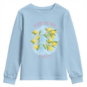 Portofino Italy Lemons Youth Sweatshirt Vintage Coastal Europe Travel Summer Vibe Aesthetic TS02 Light Blue Print Your Wear