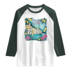 Ciao Bella Italy Amalfi Coast Raglan Shirt Lemons and Florals Nostalgic Village TS02 White Dark Forest Green Print Your Wear