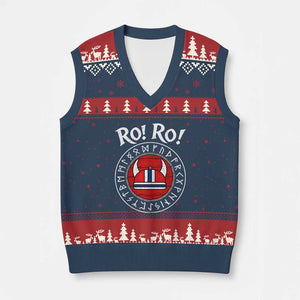 Ro Ro Ro Viking Chant Norway Football Fans V-Neck Knit Sweater Vest Norwegian Pride Distressed Norse Runes Shield Patriotic Supporter