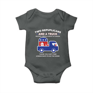 Two Republicans And A Truck Helping Liberals Move To Canada Baby Onesie Funny Elephant Red White and Blue Sarcastic Political