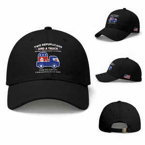 Two Republicans And A Truck Helping Liberals Move To Canada Baseball Cap Funny Elephant Red White and Blue Sarcastic Political