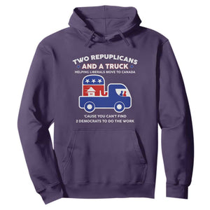 Two Republicans And A Truck Helping Liberals Move To Canada Hoodie Funny Elephant Red White and Blue Sarcastic Political
