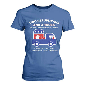 Two Republicans And A Truck Helping Liberals Move To Canada T Shirt For Women Funny Elephant Red White and Blue Sarcastic Political