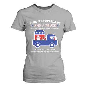 Two Republicans And A Truck Helping Liberals Move To Canada T Shirt For Women Funny Elephant Red White and Blue Sarcastic Political