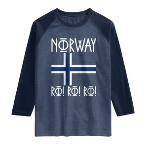 Norway Flag Ro Ro Ro Norse Rune Typography Graphic Raglan Shirt Norge Football Fans Norwegian Pride TS02 Heather Denim Navy Print Your Wear