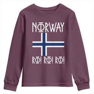 Norway Flag Ro Ro Ro Norse Rune Typography Graphic Youth Sweatshirt Norge Football Fans Norwegian Pride TS02 Maroon Print Your Wear