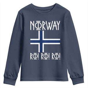 Norway Flag Ro Ro Ro Norse Rune Typography Graphic Youth Sweatshirt Norge Football Fans Norwegian Pride TS02 Navy Print Your Wear