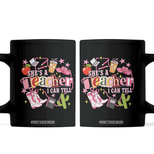 She is a Teacher I Can Tell School Aesthetic Coffee Mug Retro Groovy Western Cowgirl Texas
