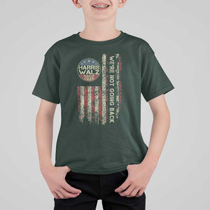 Harris Walz 2024 T Shirt For Kid We're Not Going Back Election Kamala Tim Retro American Flag TS02 Dark Forest Green Print Your Wear