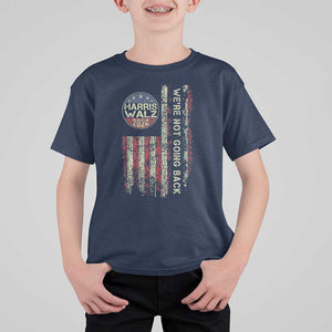 Harris Walz 2024 T Shirt For Kid We're Not Going Back Election Kamala Tim Retro American Flag TS02 Navy Print Your Wear