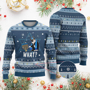 Funny Cat Hanukkah Ugly Sweater What Hanukcat Chanukah Jewish Festival TS02 Navy Light Blue Print Your Wear
