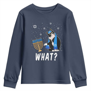 Funny Hanukkah Cat Youth Sweatshirt What Hanukcat Chanukah Jewish Festival TS02 Navy Print Your Wear