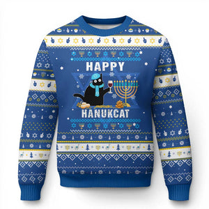 Funny Cat Hanukkah Ugly Sweater Happy Hanukcat Drinking Black Cat Jewish Menorah Chanukah TS02 Blue White Print Your Wear