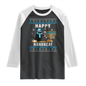 Funny Hanukkah Cat Raglan Shirt Happy Hanukcat Drinking Black Cat Jewish Menorah Chanukah TS02 Black White Print Your Wear