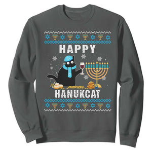 Hanukkah Cat Sweatshirt Happy Hanukcat Jewish Hanukkah Black Cat Menorah Chanukah TS02 Dark Heather Printyourwear