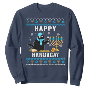 Hanukkah Cat Sweatshirt Happy Hanukcat Jewish Hanukkah Black Cat Menorah Chanukah TS02 Navy Printyourwear