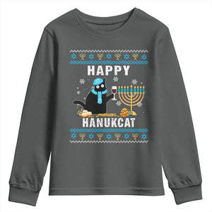 Funny Hanukkah Cat Youth Sweatshirt Happy Hanukcat Drinking Black Cat Jewish Menorah Chanukah TS02 Dark Heather Print Your Wear
