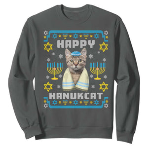 Hanukkah Cat Sweatshirt Happy Hanukcat Jewish Hanukkah Cat Menorah Ugly Chanukah TS02 Dark Heather Printyourwear