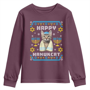 Funny Hanukkah Cat Youth Sweatshirt Happy Hanukcat Menorah Ugly Chanukah Jewish Festival TS02 Maroon Print Your Wear
