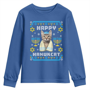 Funny Hanukkah Cat Youth Sweatshirt Happy Hanukcat Menorah Ugly Chanukah Jewish Festival TS02 Royal Blue Print Your Wear