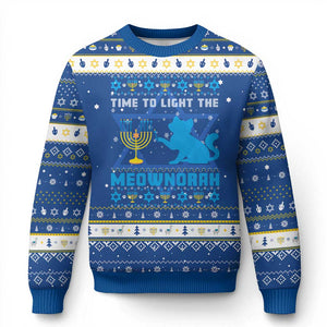 Funny Cat Hanukkah Ugly Sweater Light The Meownorah Jewish Menorah Chanukah TS02 Blue White Print Your Wear