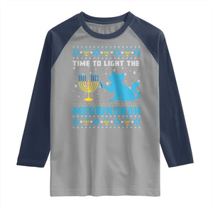 Funny Hanukkah Cat Raglan Shirt Light The Meownorah Jewish Menorah Chanukah TS02 Sport Gray Navy Print Your Wear