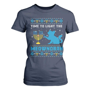 Funny Hanukkah Cat T Shirt For Women Light The Meownorah Jewish Menorah Chanukah TS02 Navy Print Your Wear