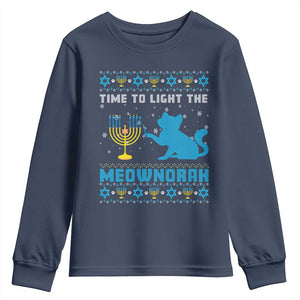 Funny Hanukkah Cat Youth Sweatshirt Light The Meownorah Jewish Menorah Chanukah TS02 Navy Print Your Wear