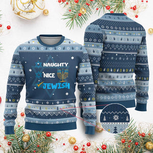 Funny Jewish Hanukkah Ugly Sweater Nice Naughty Jewish Menorah Hanukkiah Chanukah Ugly TS02 Navy Light Blue Print Your Wear