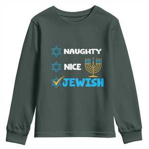 Funny Jewish Hanukkah Youth Sweatshirt Nice Naughty Jewish Menorah Hanukkiah Chanukah Ugly TS02 Dark Forest Green Print Your Wear