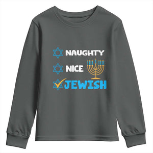 Funny Jewish Hanukkah Youth Sweatshirt Nice Naughty Jewish Menorah Hanukkiah Chanukah Ugly TS02 Dark Heather Print Your Wear