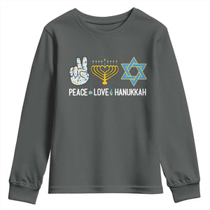 Peace Love Hanukkah Youth Sweatshirt Retro Chanukah Jewish Menorah Star of David TS02 Dark Heather Print Your Wear