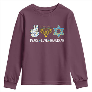 Peace Love Hanukkah Youth Sweatshirt Retro Chanukah Jewish Menorah Star of David TS02 Maroon Print Your Wear