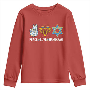 Peace Love Hanukkah Youth Sweatshirt Retro Chanukah Jewish Menorah Star of David TS02 Red Print Your Wear
