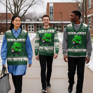 St Patricks Day Shamrock Playing Football V-Neck Knit Sweater Vest Cute Gift for Sports Lovers TS02 Forest Green Beige Print Your Wear