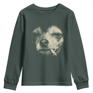 Funny Chihuahua Smoking Cigarette Meme Youth Sweatshirt Gritty Ironic Dog Graphic for Dark Humor Lovers TS02 Dark Forest Green Print Your Wear