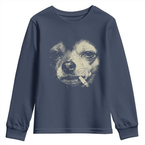Funny Chihuahua Smoking Cigarette Meme Youth Sweatshirt Gritty Ironic Dog Graphic for Dark Humor Lovers TS02 Navy Print Your Wear