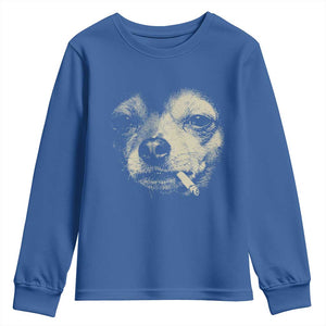 Funny Chihuahua Smoking Cigarette Meme Youth Sweatshirt Gritty Ironic Dog Graphic for Dark Humor Lovers TS02 Royal Blue Print Your Wear