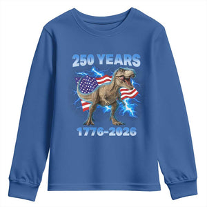 Funny Patriotic Dino Rex 250 Years 1776 2026 Youth Sweatshirt Dinosaur USA Flag America 250th Anniversary Celebration TS02 Royal Blue Print Your Wear