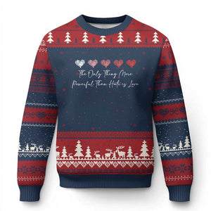 The Only Thing More Powerful Than Hate Is Love Ugly Christmas Sweater Red Hearts Elegant Bunny Inspirational Quote TS02 Navy Red Print Your Wear