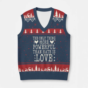The Only Thing More Powerful Than Hate Is Love V-Neck Knit Sweater Vest Whimsical Heart Typography Bunny Inspirational Statement TS02 Navy Red Print Your Wear