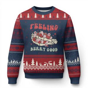Strawberry Festival Ugly Christmas Sweater Feeling Berry Good Fruit Lover Skeleton Hand TS02 Navy Red Print Your Wear