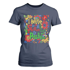 Autism Acceptance T Shirt For Women I Believe In A Spectrum Of Possibilities Retro Boho TS02 Navy Print Your Wear