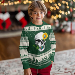 Autism Skull Sunflower Ugly Christmas Sweater Support Autistic Puzzle Pieces Heart TS02 Forest Green Beige Print Your Wear