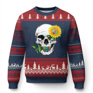 Autism Skull Sunflower Ugly Christmas Sweater Support Autistic Puzzle Pieces Heart TS02 Navy Red Print Your Wear