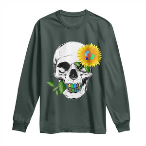 Autism Skull Sunflower Long Sleeve Shirt Support Autistic Puzzle Pieces Heart TS02 Dark Forest Green Print Your Wear